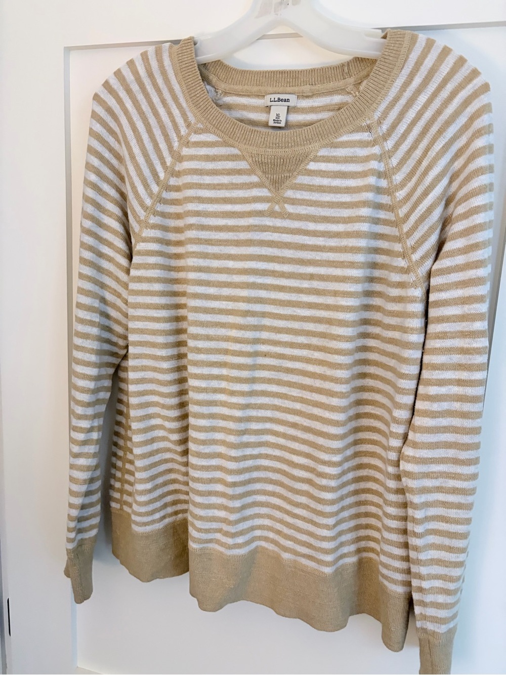 L.L. Bean Women's Beige and White Striped Crewneck Sweater